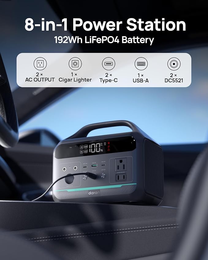 Portable Power Station 300W, 192Wh Large Power Bank with 110V AC Outlet, LiFePO4 Battery Backup,8-Ports Solar Generator Fast Charging for Camping, Hurricane Emergency, Outdoor,Home(Solar Optional)