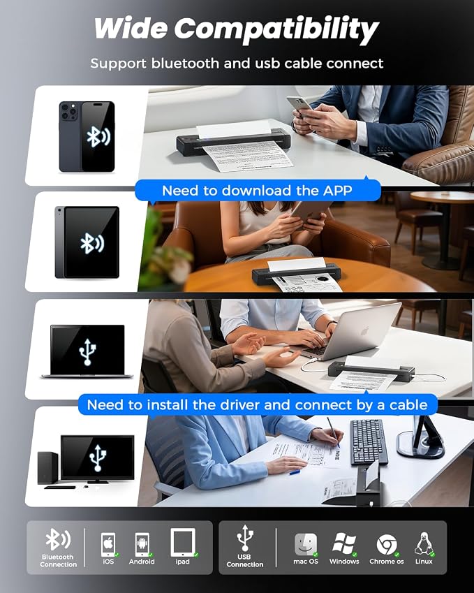 TATTMUSE Inkless Portable Printers Wireless for Travel, Small Thermal Printer Compatible with iPhone Laptop, Bluetooth Mobile Printer for School/Office/Home Use Support 8.5" X 11" Thermal Paper