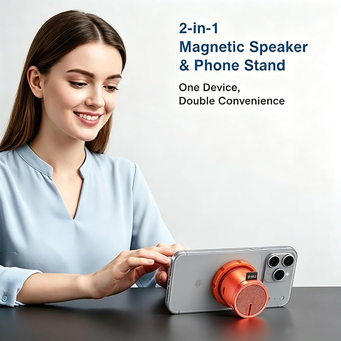 EWA Shower Speaker, Magnetic Portable Bluetooth Speaker with Phone Stand,Metal Portable Wireless Mini Speakers Waterproof with Rotary Control,for Bathroom Gym Home, Birthday Gifts (Orange)