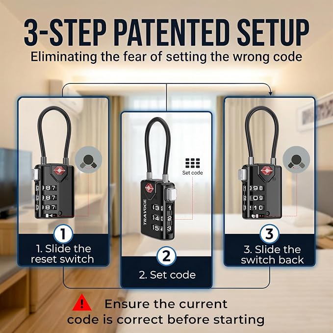 • TRAVOCE TSA Approved Luggage Locks - Heavy Duty 3 Digit Combination Cable Lock, Search Alert for Suitcases, Backpacks, Golf Bags, Tents, Violin and Camera Cases, 6 Pack, Black