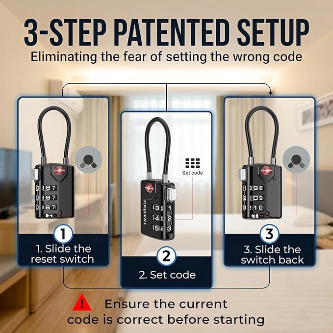 Search Alert TSA Approved Travel Combination Luggage Cable Locks for Suitcase, Gym Locker,Toolbox,Backpack 1,2,4,6 &10 pk (Black 3 Pack)