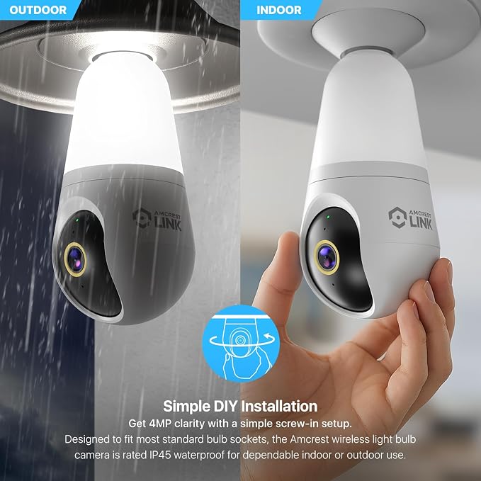 Amcrest Link 4MP Light Bulb WiFi Indoor/Outdoor Camera, Human Detection, 90.5° FOV, Pan/Tilt, IP45, AI Night Color, 2.4GHz/5GHz Dual Band Camera, Supports MicroSD Storage up 128GB