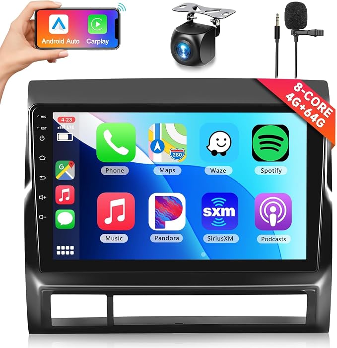 8 CORE 4G+64G Car Radio for Toyota Tacoma 2005-2013 with Wireless CarPlay/Android Auto, Podofo 9 Inch 1280 * 720P IPS Touch Screen Stereo Android 13 GPS WiFi Bluetooth DSP SWC + HD Backup Camera
