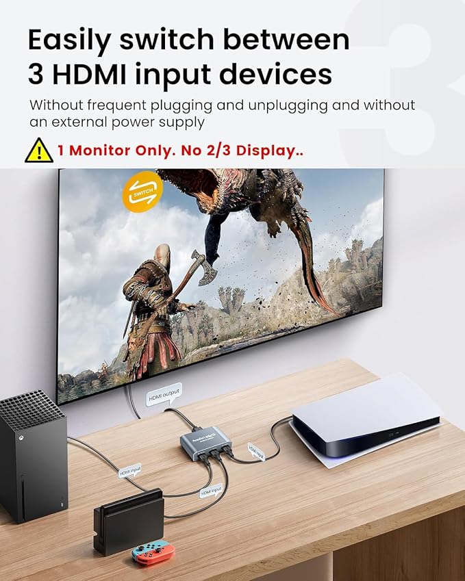 avedio links HDMI Switch 3 in 1 Out 4K@60Hz Aluminum Alloy【with 4FT HDMI 2.0 Cable】, 3x1 4K HDMI Switch Box, 3-Port HDMI Selector Switcher Support HDCP 2.2, HDR 10, for Fire TV Stick, PS5