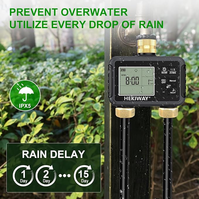 Dual Outlet Water Timer for Garden Hose with 2 Brass Connectors, Programmable Irrigation Controller with Rain Delay & Child Lock for Lawn, Yard, Drip Irrigation, Greenhouse