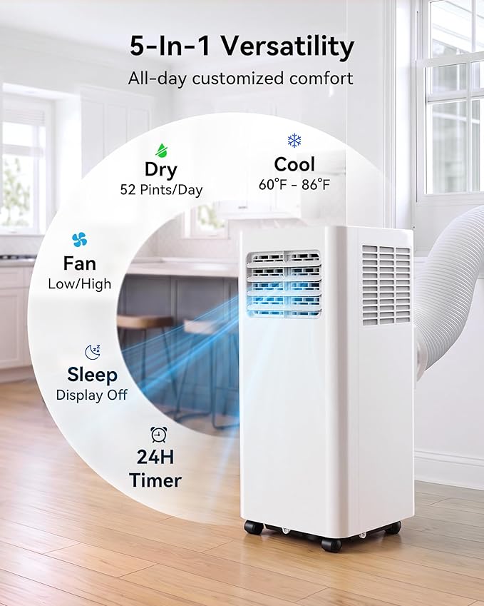 Feelfunn 10,000 BTU Portable Air Conditioner - Cools 450 Sq. Ft., 3-in-1 Portable AC Unit with Cool/Fan/Dehumidifier/Sleep, Quiet AC with LED Display, Remote & 24H Timer, for Bedroom, Dorm, Apartment