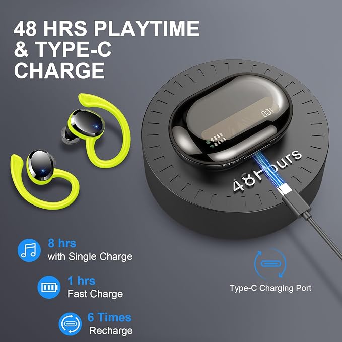 Wireless Earbuds Sport, 2025 Bluetooth 5.3 Headphones Bass Hi-Fi Stereo Over Ear Buds, 48Hrs Noise Cancelling Headset with Earhook, IP7 Waterproof Earphones Workout Running for Laptop Pad Android iOS