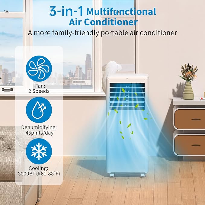8000 BTU Portable Air Conditioner, 3-In-1 AC Unit with Cooling, Dehumidifier, Fan Function, Standing Air Conditioner for Room Up to 350 Sq. Ft. with Remote and Window Kit