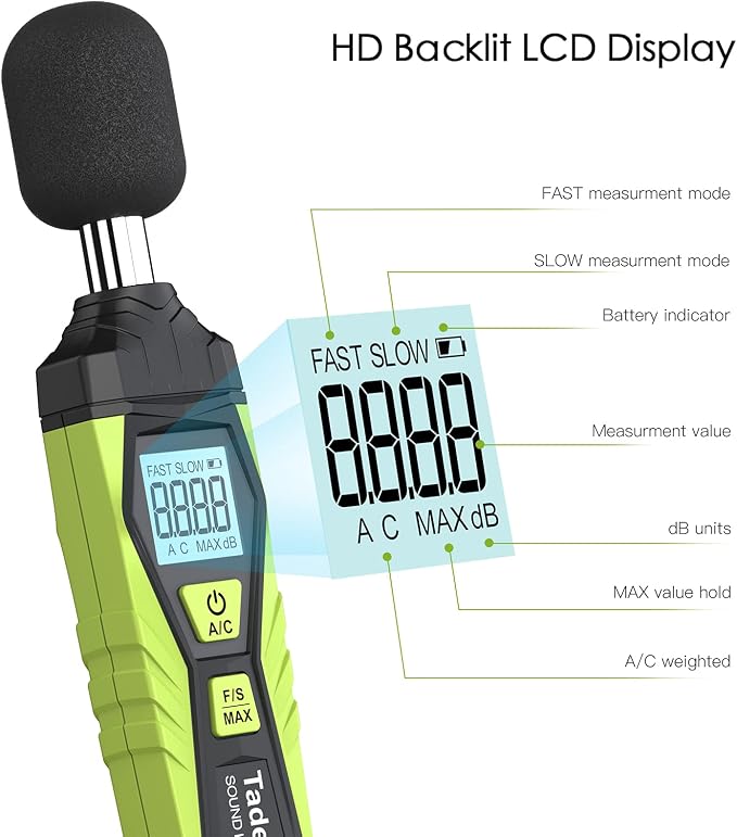 Decibel Meter, Tadeto Digital Sound Level Meter Portable SPL Meter 30dB to 130dB MAX Data Hold with LCD Display Backlight A/C Weighted for Home Factories