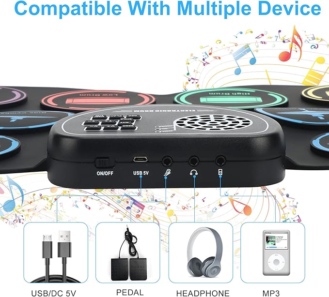 Electronic Drum Set, Marrilley 9 Drum Practice Pad with Headphone Jack, Roll-up Pad Machine Built-in Speaker Drum Pedals Sticks 10 Hours Playtime, Great Holiday Xmas Birthday Gift for Kids