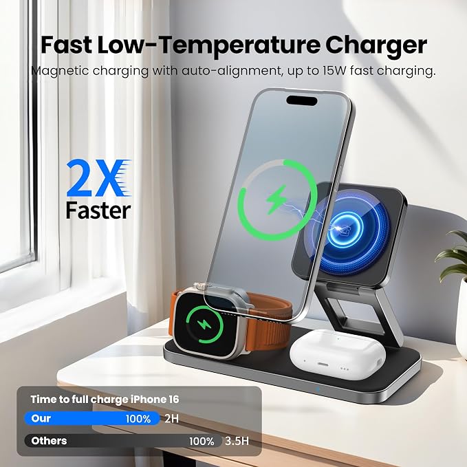 3 in 1 Magnetic Wireless Charger for Multiple Devices, Fast Foldable Travel Mag-Safe Charger Stand for iPhone 17 16 15 14 13 12, Wireless Charging Station for iWatch Series, for AirPods Black
