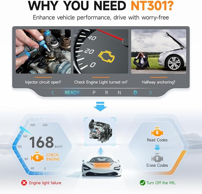 FOXWELL NT301 Plus 2 IN1 OBD2 Scanner Battery Tester + NT301 Code Reader Scan Tool Live Data Mechanic OBDII DiagnosticTool for Check Engine Light