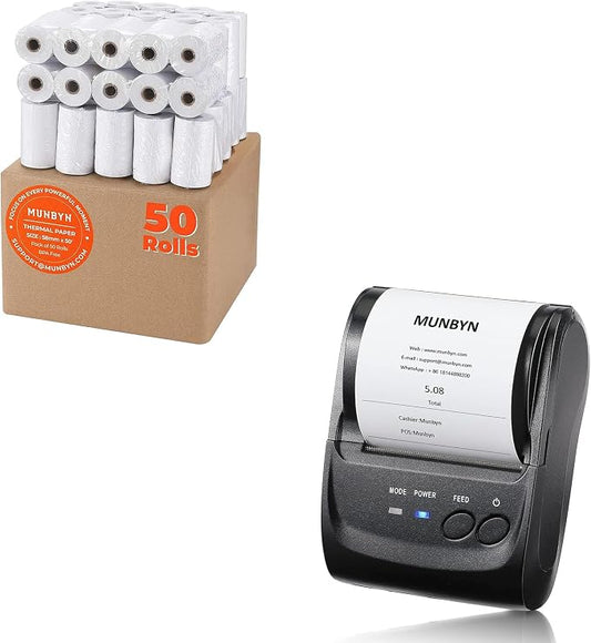MUNBYN 58mm Mini Bluetooth POS Receipt Printer, 2.28inch Wireless Portable Thermal Printer and 2 1/4 x 50ft Thermal Paper (50 Rolls), BPA Free Receipt Paper