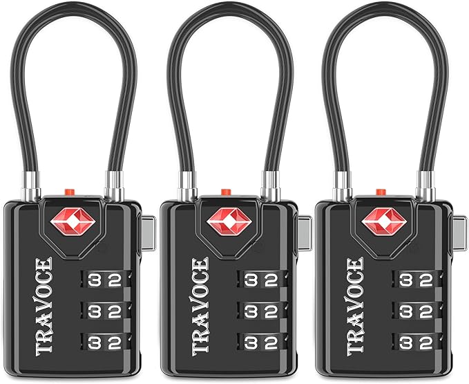 Search Alert TSA Approved Travel Combination Luggage Cable Locks for Suitcase, Gym Locker,Toolbox,Backpack 1,2,4,6 &10 pk (Black 3 Pack)