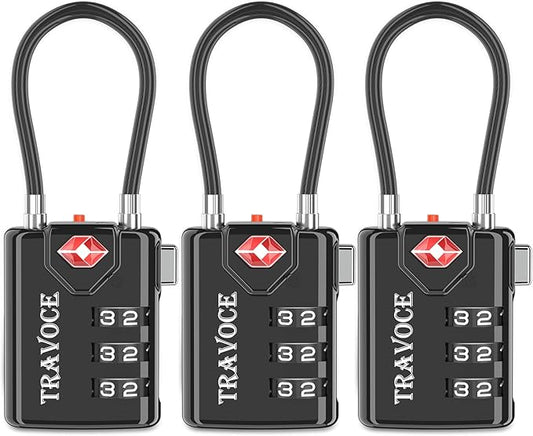 Search Alert TSA Approved Travel Combination Luggage Cable Locks for Suitcase, Gym Locker,Toolbox,Backpack 1,2,4,6 &10 pk (Black 3 Pack)