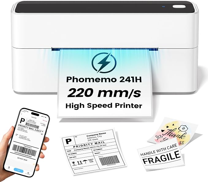 Phomemo High-Speed Shipping Label Printer 220mm/s - 4X6 Wireless Thermal Label Printer for Small Business, Compatible with iPhone, Android, Shopify, Amazon, USPS, Black