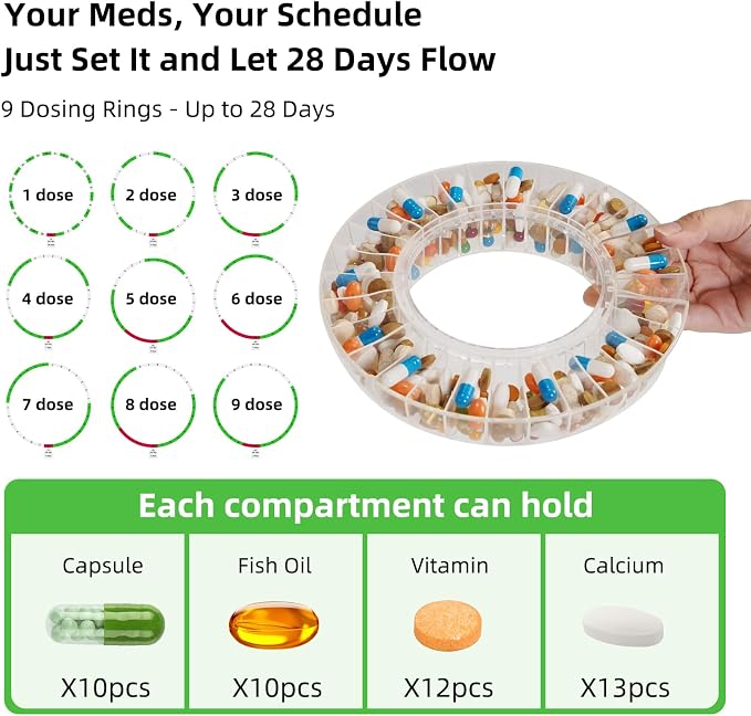 Bluetooth Automatic Pill Dispenser with App/Sound/Light Reminder for Elderly & Caregivers - Up to 9 Alarms/Day, Medication Track History, Front Security Lock & Ergonomic Flip Lid