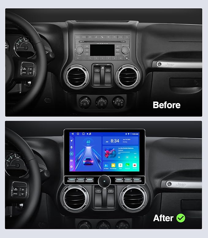 4G+64GB Car Stereo for Jeep Wrangler JK 2007-2018, Dodge Ram 1500 2500 Radio Upgrade-Wireless CarPlay Android Auto with Physical Volume Knob Keybutton, QLED Touch Screen, Backup Camera