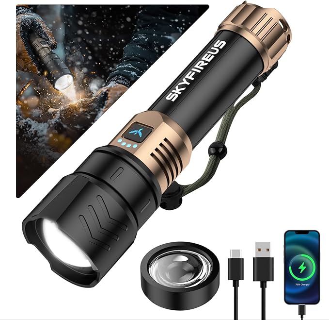 SKYFIRE LED Flashlights High Lumens with Ignition Lens,3000lm Super Bright Rechargeable Flashlight,Zoomable,4 Modes,Waterproof Tactical Flash Light for Camping Essentials,Outdoor and Home,Gift