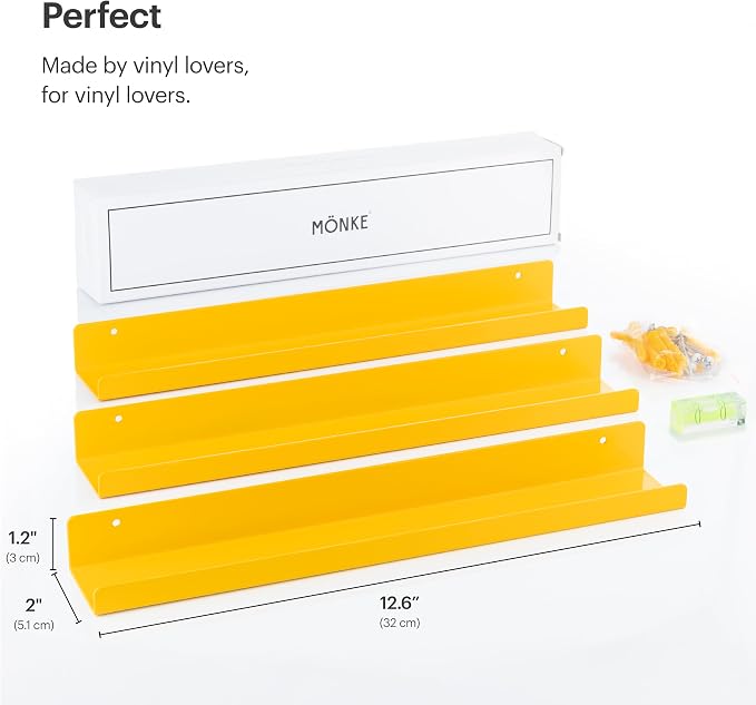 Vinyl Record Shelf - 3 Metal Display Shelves - Wall Mount Now-Playing Vinyl Shelves - an Album Record Holder that Doubles as a Picture Ledge - Fits All Records (Yellow)