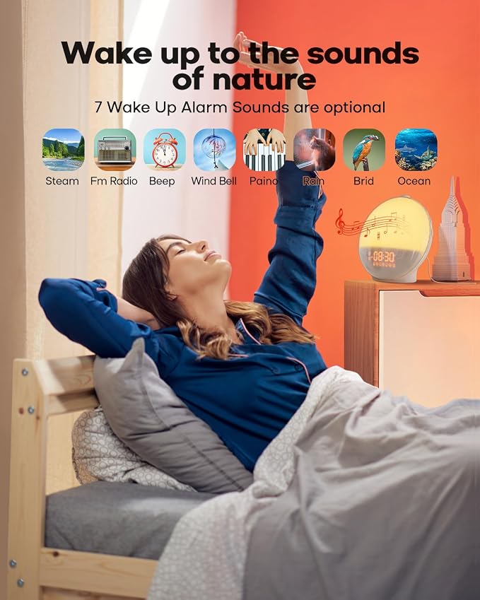 Sunrise Alarm Clock for Heavy Sleepers, Wake Up Light with Sunrise/Sunset Simulation, Dual Alarms & Natural Sounds, Snooze & Sleep Aid, FM Radio, 7 Colors Night Light for Bedroom, Ideal for Gift