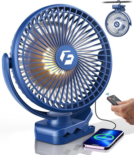 Korbot 8-inch Clip-on Fan - 12000mAh Portable Rechargeable Battery, 3 Speeds, Strong Airflow, USB, Small Desk, Personal Quiet for Office, Stroller, Bedroom and Camping