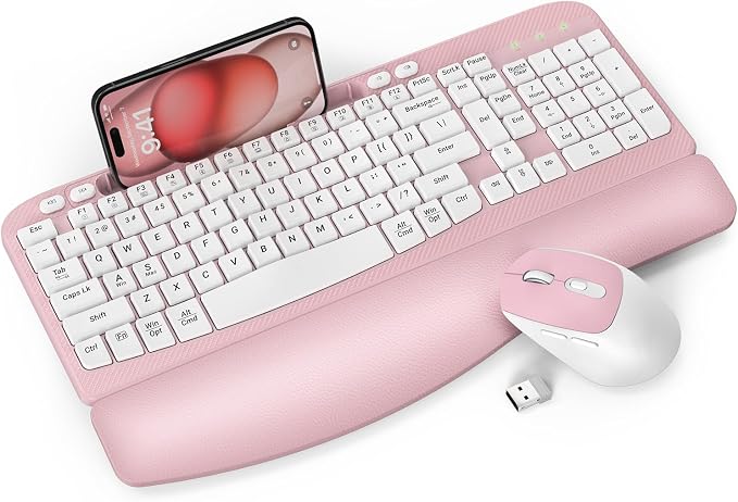Wireless Keyboard and Mouse Combo, Full-Sized Ergonomic Wave Keys Keyboard with Memory Foam Wrist Rest & Phone Holder, 2.4G Quiet Keyboard Mouse Work Setup for PC Laptop, Office or Home (Pink)