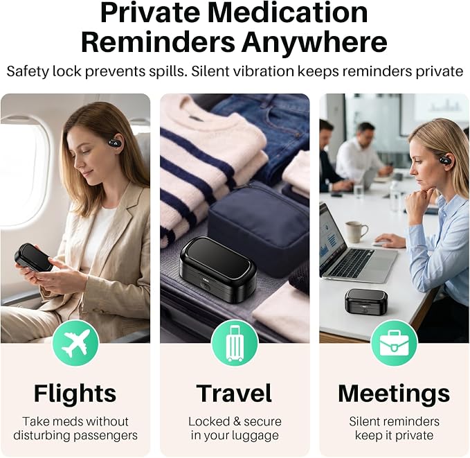 1Mii Smart Pill Dispenser with Alarm, Electronic Pill Organizer with 5 Daily Reminders, App & Vibration Alerts, Travel Pill Box for Vitamins & Medication + Open-Ear Bluetooth Headphones