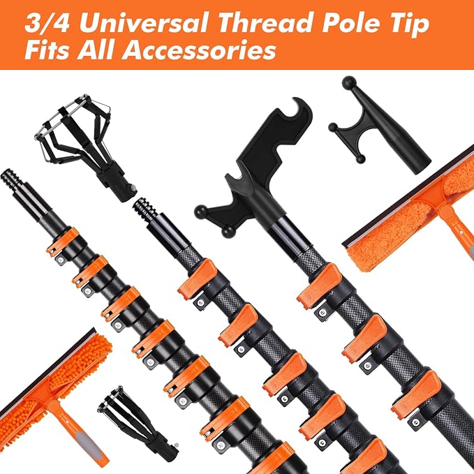 Window Washing Kit with Extension Pole 4.7 to 24FT, Long Squeegee for Window Cleaning Indoor Outdoor, Carbon Fiber Telescopic Pole for Window Cleaner Tool with Microfibre Pad & Chenille Cloth