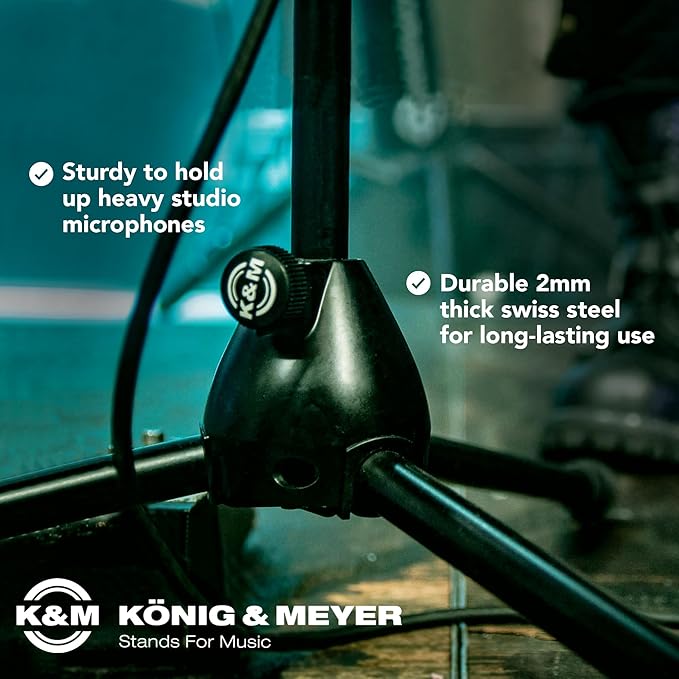 K&M König & Meyer 25977.500.55 Microphone Stand - Adjustable Telescoping 2-Piece Boom Arm - Shorter Low-Level Height with Folding Leg Base - Professional Grade - German Made - Black