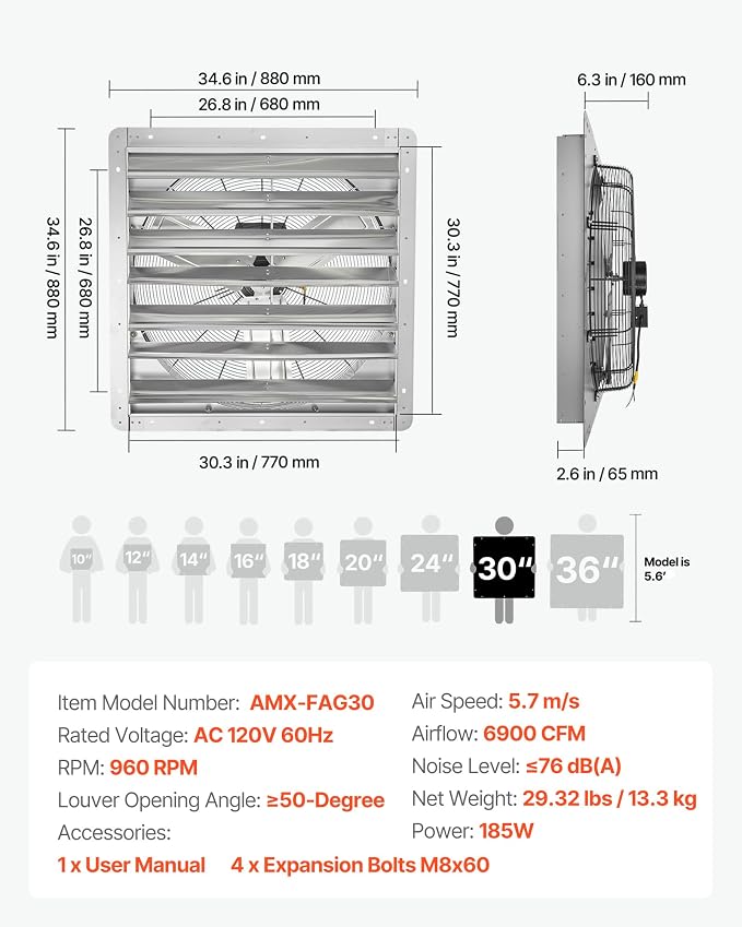 VEVOR 30'' Exhaust Fan, Wall Mounted Attic Fan with Variable Speed, 6900 CFM, Automatic Shutter, Ventilation and Cooling, Silver, Fan Only