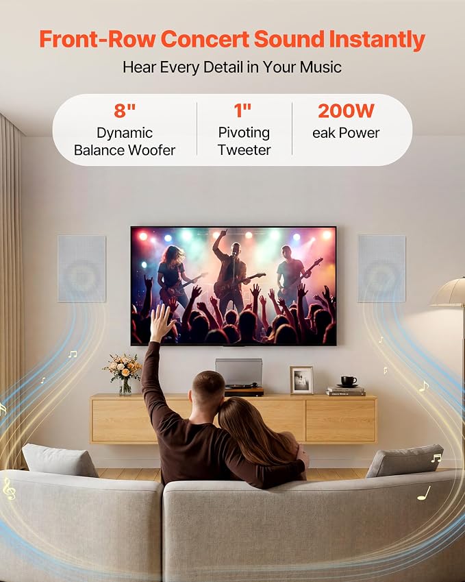 VEVOR in-Wall Speakers, 8", in Wall Speaker System with Paintable Grille, Hi-Fi Sound, 200W Peak, 2-Way Rectangular Speakers, for Damp Humid Indoor Placement, Bath, Kitchen, Covered Porches, 1 Pair