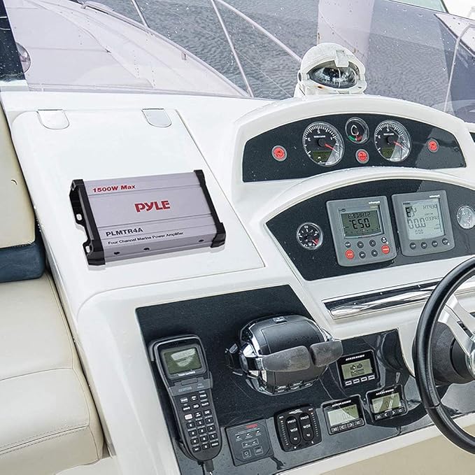 Pyle 1500W 4-Channel Marine Amplifier Receiver - Waterproof & Weatherproof Marine Grade Audio Subwoofer - for Boat & Off-Road Vehicles with Wired RCA/ AUX/ MP3 Inputs - Overload Protection - PLMTR4A