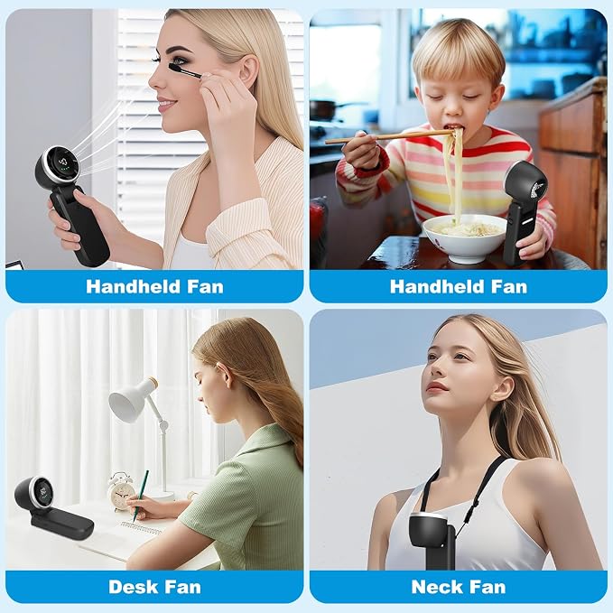 3 in 1 Portable Turbo Fan, Rechargeable Handheld Fan 180° Adjustable for Desk LED Display, Foldable Design Neck Fan for Outdoor Activities, Travel, Gift for Women Men (Black)