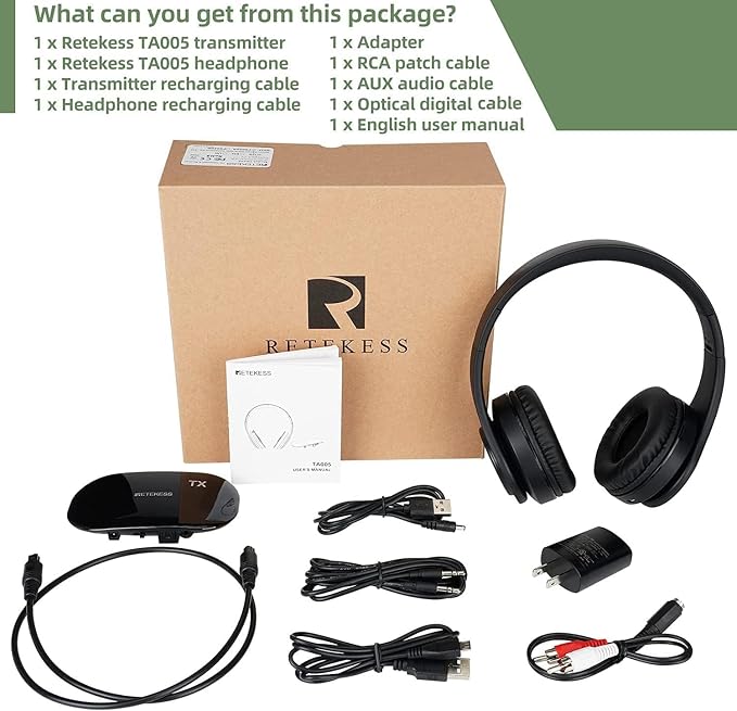Retekess TA005 Wireless Headphones for TV Watching, TV Headphones for Seniors with Transmitter, Support A/B Channel, AUX, RCA and Optical Input for Elderly, Family (Pack of 1)
