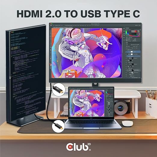 Club 3D 4K 60Hz HDMI to USB Type C Video Cable HDMI 2.0 (Male) to USB Type C (Male) Active Monitor Converter 1.8m/6 Feet CAC-1334