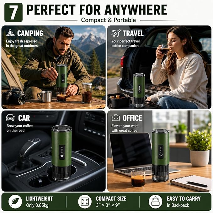 3-in-1 Portable Espresso Machine, Self-Heating Coffee Maker with 20 Bar Pressure, Compatible with Ground Coffee & NS/DG Style Capsules, 7500mAh Battery, USB-C Fast Charging for Travel, Camping & Car
