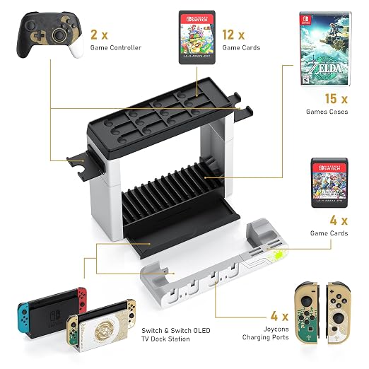Switch Games Organizer Station with Controller Charger, Charging Dock for Nintendo Switch & OLED Joycons, Switch Mounts, Brackets & Stands for Games, the Legend of Zelda: Tears of the Kingdom Edition
