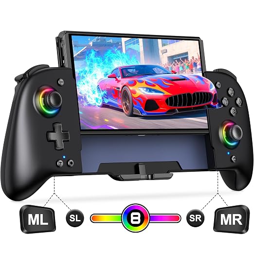 Gammeefy Switch Controller – Hall Effect Joysticks & Enhanced Grip – One Piece Switch Joypad Replacement Switch Pro Controller with 8-Color RGB Lighting, Turbo, Macros - Black, 6.2"/7"
