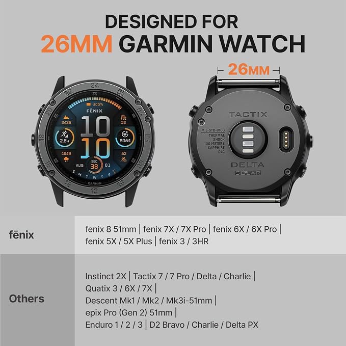 Bandletic Compatible with Garmin Fenix 7X 6X 5X Watch Band - 26mm Quick Fit Rugged Nylon Strap for Fenix 8 51mm/Instinct 2X Solar/Enduro 2 3/Quatix 3/Tactix 7/Charlie/Epix Pro 2/D2 Bravo Delta/Descent
