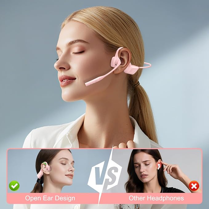 Smof Open-Ear Headphones with Mic,Qualcomm aptX Lossless Bluetooth 5.1 Wireless Headset with Noise-Canceling Mic and Mute Function for Online Meeting Driving-Not Bone Conduction (Pink)