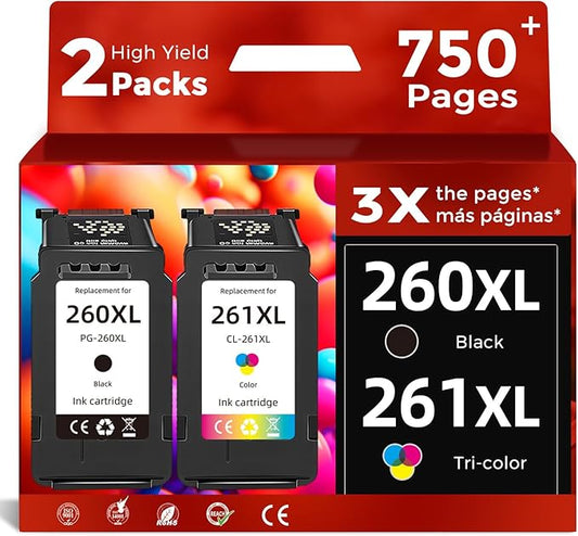 PG-260 CL-261 XL Ink Cartridge Compatible Replacement for Canon 260XL 261XL(Black Tri-Color Combo Pack)Work for Cannon Pixma TS6420 TS6400 TR7020a TS5320 TS6420a TS5300 TR7020 TR7022 Printers PG260XL