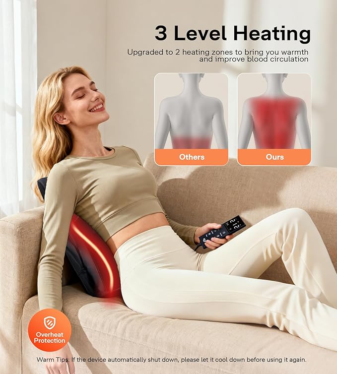 ALLJOY Back Massager with Heat, Electric Shiatsu Massage Pillow with LCD Display, 4 Modes & 3 Intensities Deep Tissue Kneading for Lower Back, Neck, Shoulder, Leg, Ideal Gifts for Men, Women