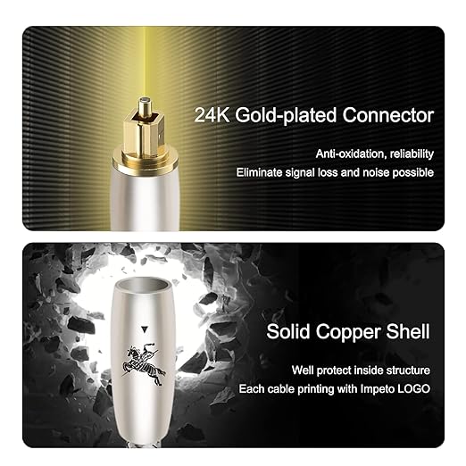 Premium Fiber Optic Audio Cable 6.5ft (2m) | Toslink S/PDIF | 24K Gold-Plated | Glass Core | for Soundbars, TVs, PS5, Xbox