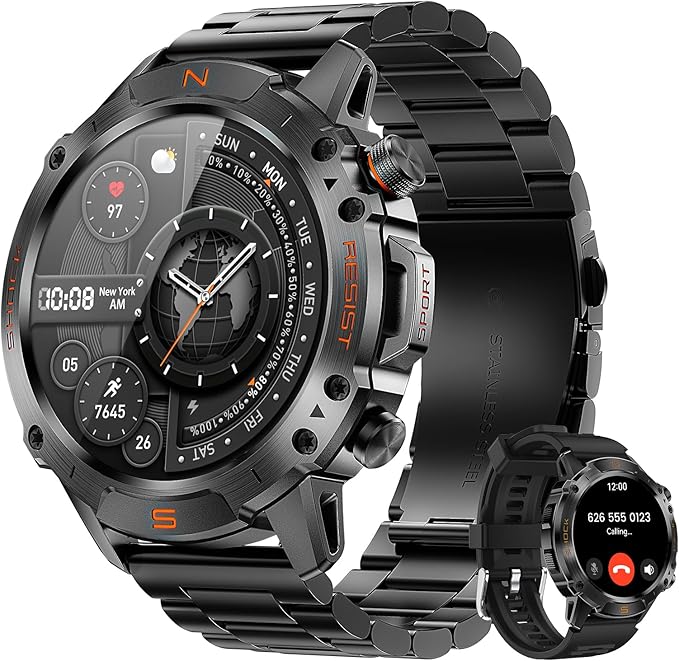 WalkerFit Smart Watch for Men, Rugged Tactical Fitness Tracker with 1.43" AMOLED Display, Bluetooth Calls, 5ATM Waterproof, 170+ Sports, SpO2/Heart Rate Monitor, 2 Bands, iPhone/Android Compatible