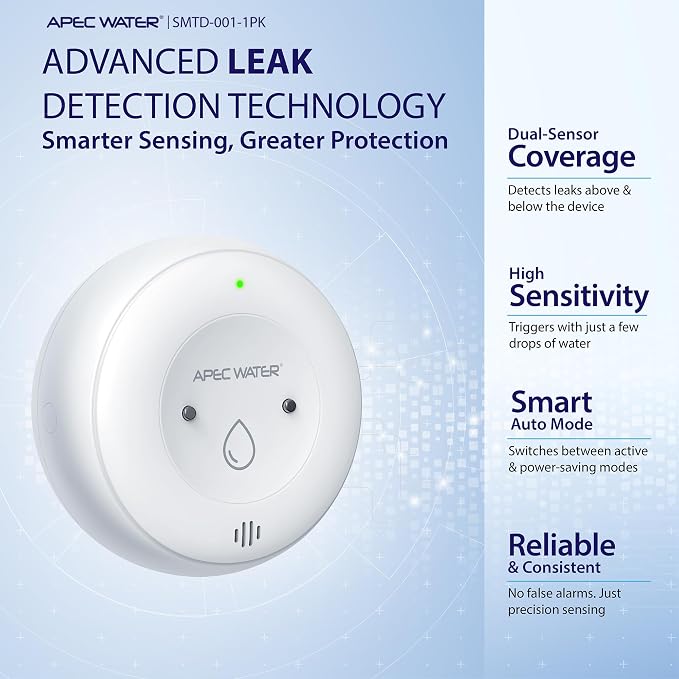 APEC WATER WiFi Water Leak Detector for Home, App Connected get Real-Time Alerts, Highly Reliable Dual Sensor Wet Moisture Detection (1PK)