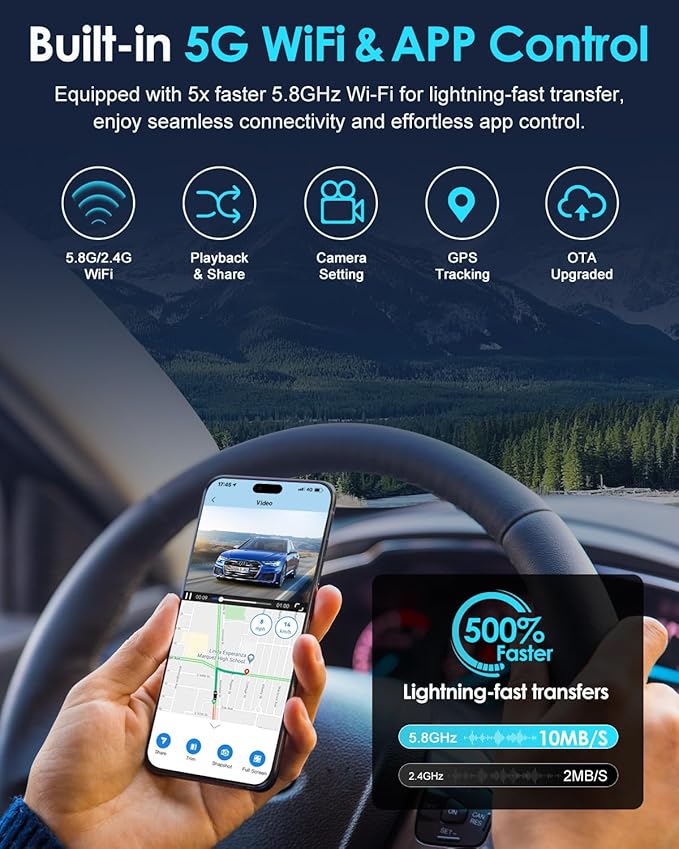 ORSKEY 4K Dash Cam Front and Rear, Free 64GB Card, STARVIS 2 Sensor, 5.8GHz WiFi Dash Camera for Cars, 2160P+1080P Dual Car Camera with GPS, 3" IPS, 24H Parking Mode, WDR, Support 512GB Max
