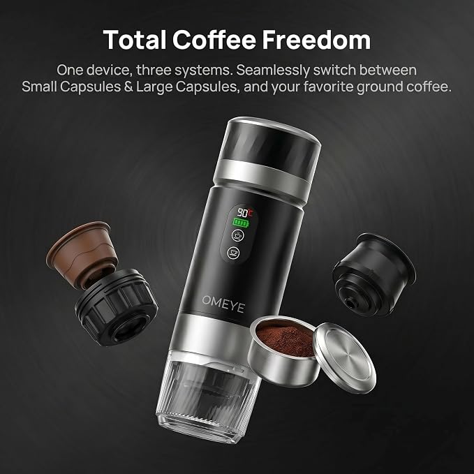 Portable Espresso Maker for Camping Travel Office – 20 Bar Self-Heating Cordless Coffee Machine, LED Display, Dual 7500mAh Battery, USB-C, Compatible with Small/Large Capsules & Ground Coffee