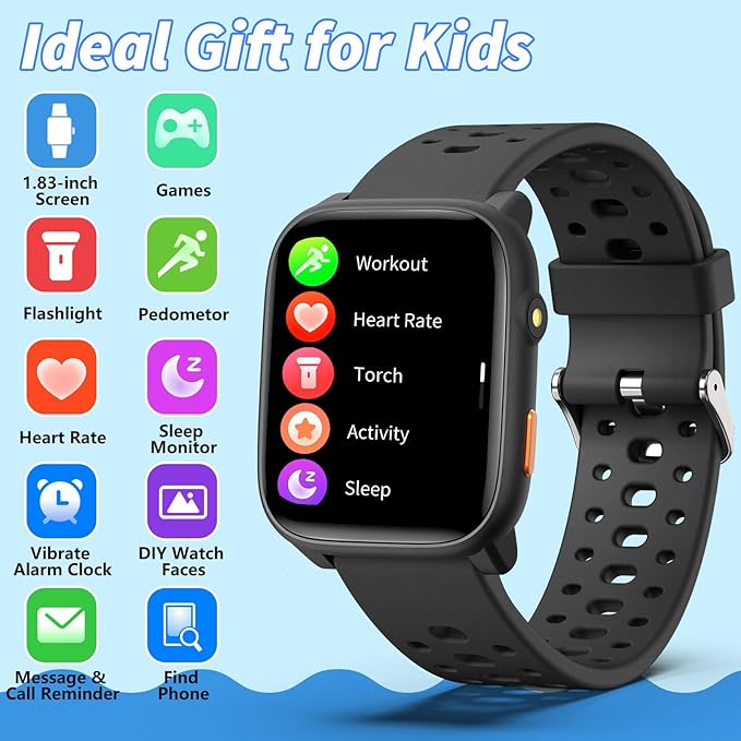 Kids Smart Watch with Puzzle Games, 1.83" Kids Watches Heart Rate, Sleep Monitor, Pedometer, Alarm Clock, Flashlight, Gift for 6-16 Year Old Boys Girls Toys (Black)