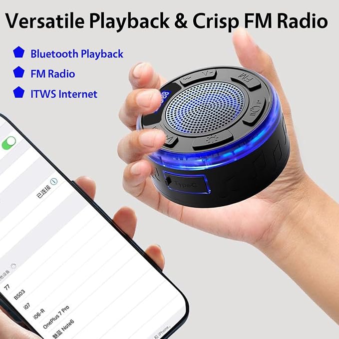 IPX7 Waterproof Shower Speaker with Colorful RGB Lights & LED Display, Detachable Suction Cup, 360° Balanced Sound - Perfect for Bath, Pool, Party & Outdoor (Black)